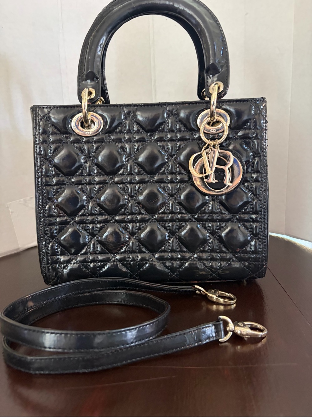 Lady, Cannage Patent Faux Leather Top-Handle Bag with Monogram Gold Hardware